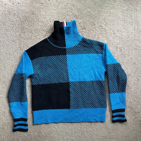 Tommy Hilfiger Sweater Mens XL Turtleneck Wool Black Blue Pullover Tight Knit - Picture 1 of 11